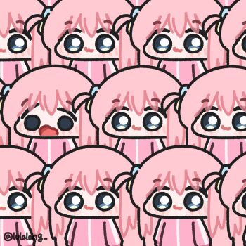 1girl :3 blank_stare blue_eyes bocchi_the_rock! closed_mouth commentary english_commentary gotoh_hitori hair_ornament highres jacket long_hair looking_at_viewer lulalang multiple_views odd_one_out one_side_up open_mouth pink_hair pink_jacket