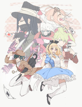 Rule 34 | 2girls, 5boys, ^ ^, ace (playing card), ace of clubs, ace of hearts, ace of spades, ahoge, akamatsu kaede, alice's adventures in wonderland, alice (alice in wonderland), alice (alice in wonderland) (cosplay), amami rantaro, androgynous, android, animal ears, animal hands, antenna hair, apron, aqua hair, armor, back bow, bare arms, black bow, black hairband, black hat, black mask, black shoes, black umbrella, blazer, blonde hair, blue dress, blue eyes, blue shirt, bow, bow hairband, bowtie, breastplate, brown-framed eyewear, brown hat, brown jacket, brown shoes, brown vest, card, cat boy, cat ears, cat tail, chain, cheshire cat (alice in wonderland), cheshire cat (alice in wonderland) (cosplay), clenched teeth, closed eyes, closed umbrella, club (shape), collarbone, collared jacket, collared shirt, commentary, cosplay, covered mouth, cup, danganronpa (series), danganronpa v3: killing harmony, deerstalker, dress, dress pants, dress shirt, dress shoes, english commentary, evil grin, evil smile, expressionless, extra ears, eyelashes, fake claws, finger to mouth, floating, floating card, floating clothes, floppy ears, fortissimo, frilled apron, frilled dress, frills, full body, gloves, goggles, goggles on head, gold chain, green eyes, green jacket, grin, hair between eyes, hair bow, hair ornament, hairband, hairclip, hand on headwear, happy, hat, heart, highres, holding, holding cup, holding polearm, holding umbrella, holding weapon, iruma miu, jacket, jumpsuit, k1-b0, kaziearts, kemonomimi mode, lapels, long hair, long sleeves, mad hatter (alice in wonderland), mad hatter (alice in wonderland) (cosplay), mary janes, mask, messy hair, mouth mask, multiple boys, multiple girls, musical note, musical note hair ornament, necktie, nervous, nervous sweating, notched lapels, oma kokichi, open clothes, open jacket, open mouth, orange necktie, outline, pants, paw gloves, paw shoes, pink bow, pink bowtie, pink eyes, pink jumpsuit, pink shirt, pink shoes, pinstripe hat, plaid clothes, plaid jacket, playing card, pleated dress, pocket watch, pointy nose, polearm, puffy short sleeves, puffy sleeves, purple gloves, purple jumpsuit, purple shoes, rabbit boy, rabbit ears, red bow, red bowtie, red vest, saihara shuichi, sailor collar, shinguji korekiyo, shirt, shirt under dress, shoes, short dress, short hair, short sleeves, sidelocks, smile, spade (shape), spear, spitting, steam, striped jumpsuit, striped shoes, striped umbrella, surprised, sweat, tail, teabag, teacup, teeth, thighhighs, top hat, two-tone jumpsuit, two-tone shirt, umbrella, unamused, vest, watch, wavy mouth, weapon, white apron, white background, white bow, white outline, white pants, white rabbit (alice in wonderland), white rabbit (alice in wonderland) (cosplay), white sailor collar, white shirt, white thighhighs, wide-eyed, yellow bow, yellow bowtie, zipper, zipper pull tab