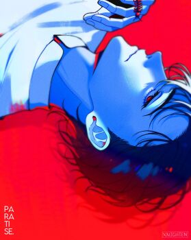 Rule 34 | 1boy, alien stage, artist name, black eyes, black hair, bug, centipede, closed mouth, commentary, english commentary, fang, fang out, highres, ivan (alien stage), male focus, red background, red pupils, shirt, signature, solo, song name, white shirt, xnighten