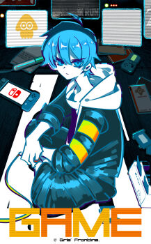 ahoge armband barefoot black_jacket black_pants blue_hair chinese_commentary closed_mouth commentary_request copyright_name copyright_request dark_room dier_(girls'_frontline) doom_(2016) doom_(series) doorway folder from_side frown full_body game_boy game_console girls'_frontline hair_between_eyes handheld_game_console highres jacket light limited_palette long_sleeves looking_at_viewer male_focus monitor nintendo nintendo_switch object_request pants pov_doorway salmon_run_(splatoon) shadow sitting splatoon_(series) splatoon_2 squid static su_xiao_jei the_legend_of_zelda v-shaped_eyebrows wire yellow_armband