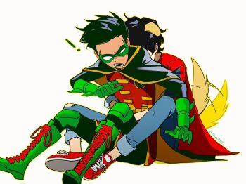 ! 2boys animal_ears arm_up batman_(series) black_cape black_hair black_pants blue_pants boots cape dc_comics denim dog_boy dog_ears dog_tail ekaa030 eye_mask gloves green_boots green_gloves green_mask hashtag-only_commentary hug hug_from_behind jeans kemonomimi_mode lace-up_boots looking_back male_focus mask multiple_boys open_mouth pants red_cape robin_(dc) short_hair sitting super_sons superboy superman_(series) tail tail_wagging two-sided_cape two-sided_fabric white_background yellow_cape