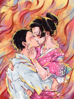 Rule 34 | 1boy, 1girl, black hair, blush, closed eyes, comb, couple, fiery background, fire, hair bun, hakuji (kimetsu no yaiba), hand on another&#039;s cheek, hand on another&#039;s face, hand on another&#039;s neck, hetero, highres, hug, japanese clothes, kimetsu no yaiba, kimono, kiss, koyuki (kimetsu no yaiba), long hair, parted bangs, pink kimono, rusky, short hair, sidelocks, tears, torn clothes, twitter username, updo, upper body, white dougi