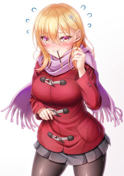 Rule 34 | 1girl, black pantyhose, black skirt, blonde hair, breasts, coat, commentary request, duffel coat, embarrassed, flower, flying sweatdrops, food, food in mouth, gradient background, grin, hair between eyes, hair flower, hair ornament, highres, hiro (725611), large breasts, long hair, long sleeves, looking at viewer, original, pantyhose, pleated skirt, pocky, pocky in mouth, purple scarf, red coat, scarf, sidelocks, simple background, skirt, smile, solo, sweat, teeth, valentine, white background, yellow eyes