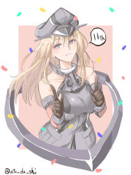 Rule 34 | 1girl, absurdres, anniversary, atodashi, bismarck (kancolle), black gloves, blonde hair, blue eyes, breasts, dress, gloves, grey dress, grey hat, hat, highres, index finger raised, kantai collection, large breasts, long hair, peaked cap, sleeveless, sleeveless dress, solo, twitter username