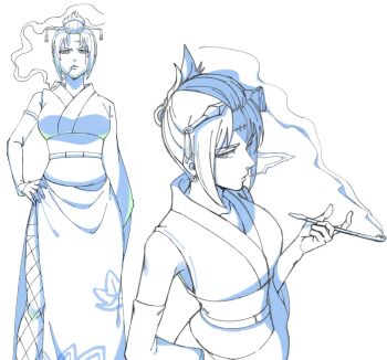 1girl blowing_smoke breasts collarbone commentary cowboy_shot earrings feet_out_of_frame fishnet_thighhighs fishnets folded_ponytail gintama hair_ornament hand_on_own_hip hand_up holding holding_smoking_pipe hoop_earrings japanese_clothes jewelry kimono kunai large_breasts leaf_print looking_at_viewer monochrome multiple_views parted_lips print_kimono shaolong short_hair sidelocks sideways_glance simple_background sleeveless sleeveless_kimono smoke smoking smoking_pipe standing stitched_face stitches thighhighs tsukuyo_(gintama) tsurime weapon white_background