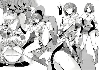 amisu belt_pouch black_hair breasts breasts_out brown_hair dress grabbing greyscale groping haitokukan highres hypnosis mating_press mind_control monochrome multiple_views netorare nipple_pull nipple_stimulation nipple_tweak non-web_source patchwork_clothes piledriver_(sex) pouch self_exposure short_hair simple_background skirt sweat tenkyuu_chimata touhou vaginal white_background