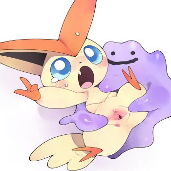 1girl absurdres anus blue_eyes blush ditto fang gen_1_pokemon gen_5_pokemon highres legendary_pokemon mythical_pokemon nintendo open_mouth pokemon pokemon_(creature) pussy simple_background slime_(creature) spread_pussy spreading_another&#039;s_pussy tears uncensored victini white_background youjo_modoki
