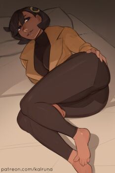 Rule 34 | 1girl, ass, barefoot, black hair, bodysuit, coat, emma (pokemon), kalruna, nintendo, pokemon, pokemon legends: z-a, solo