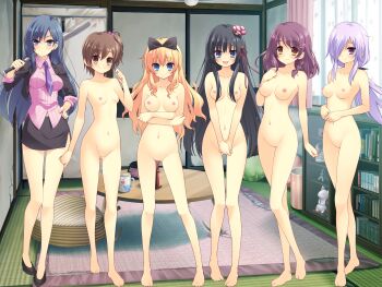 6+girls :d absurdres bare_legs bare_shoulders barefoot baseball_bat black_hair black_skirt blonde_hair blue_eyes blue_hair blush bookshelf bow braid breasts breasts_apart brown_eyes brown_hair clothed_female_nude_female collarbone covering_privates covering_crotch cropped_jacket crossed_arms cup cupboard curtains cushion earrings eiffel_tower expressionless feet female_focus full_body game_cg groin hair_between_eyes hair_bobbles hair_bow hair_ornament hair_over_one_eye hair_ribbon hand_on_own_hip highres hin_wa_bokura_no_fuku_no_kami hip_focus holding indoors iwashita jacket jewelry knees knees_together_feet_apart kojiro_yoshino kyomaru_miki legs light_purple_hair lineup long_hair looking_at_viewer midriff miniature miniskirt morinaga_chiyoko mug multiple_girls mutsuki_aya naughty_face navel necktie ninomiya_kaoru_(hin_wa_bokura) nipples no_pussy nude open_clothes open_jacket open_mouth pillow ponytail purple_eyes purple_hair ribbon rug rurino_sakazuki shinonome_manami shirt shoes short_hair side_ponytail side_slit silver_hair single_braid skirt sleeves_rolled_up small_breasts smile standing star_(symbol) striped table take_your_pick tatami thigh_gap thighs toes trash_can v_arms vertical_stripes wavy_hair window