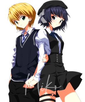 1boy 1girl artist_name black_dress black_hat black_pants black_vest blonde_hair blue_bow blue_bowtie blue_eyes blue_hair blue_necktie bow bowtie breasts character_request collared_shirt cowboy_shot cross cross_necklace dress earrings green_eyes hat heart highres holding_another&#039;s_arm holding_hands hunter_x_hunter jewelry juliet_sleeves kurapika long_sleeves miko_heb necklace necktie o-ring o-ring_thigh_strap original pants pinafore_dress puffy_sleeves shirt short_hair signature simple_background sleeveless sleeveless_dress sleeves_rolled_up small_breasts smile standing sweater_vest thigh_strap vest white_background white_shirt