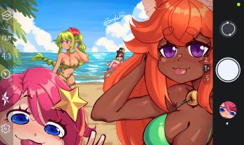 Rule 34 | 4girls, :q, absurdres, animal ear fluff, animal ears, artist name, bell, bikini, blue eyes, breasts, brown hair, cleavage, cloud, dark-skinned female, dark skin, dryad (terraria), fake phone screenshot, fake screenshot, fox ears, fox girl, green bikini, green hair, greyl1me, high ponytail, highres, innertube, jingle bell, large breasts, leaf clothing, multi-tied hair, multiple girls, ocean, orange hair, party girl (terraria), pink hair, plant, ponytail, purple eyes, sand, selfie, signature, steampunker (terraria), swim ring, swimsuit, terraria, tongue, tongue out, vines, water, zoologist (terraria)