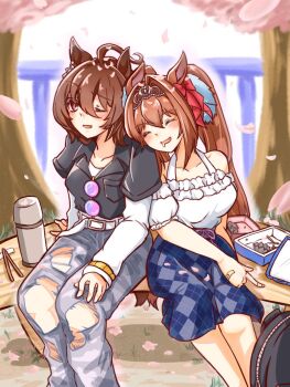 Rule 34 | 2girls, agnes tachyon (umamusume), alternate costume, animal ears, bare shoulders, blush, breasts, brown hair, collarbone, commentary request, daiwa scarlet (casual) (umamusume), daiwa scarlet (umamusume), drooling, hair intakes, head on another's shoulder, horse ears, horse girl, horse tail, large breasts, leaning on person, leaning to the side, long hair, medium hair, multiple girls, oekaki takamiy, off shoulder, one eye closed, sitting, sleeping, sleeping on person, sleeping upright, tail, tiara, twintails, umamusume