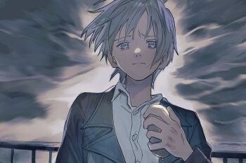 1boy black_jacket commentary_request frown grey_eyes grey_hair holding jacket male_focus original railing shirt solo soyaka upper_body white_shirt