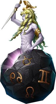 Rule 34 | 1boy, artist request, bishounen, blonde hair, cancer (symbol), closed eyes, colored skin, curly hair, dagger, demon (megami tensei), full body, gemini (symbol), glowing, helmet, knife, leo (symbol), libra (symbol), long hair, male focus, mithras (megami tensei), navel, nude, official art, persona, persona 5, persona 5: the phantom x, rock, scorpio (symbol), shin megami tensei, solo, taurus (symbol), third-party source, transparent background, weapon, white skin, zodiac