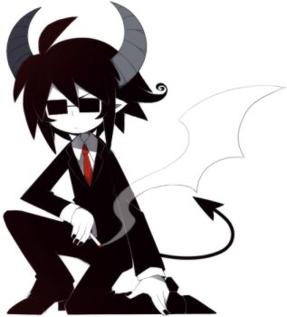 1boy ahoge black_hair black_pants black_suit cigarette curved_horns demon_boy demon_tail formal_clothes full_body funamusea funamusea_(artist) glasses glasses_(funamusea) grey_horns hand_on_ground hand_on_own_knee horns knee_up kneeling necktie official_art opaque_glasses pants pointy_ears red_necktie shirt short_hair simple_background smoke smoking solo suit sunglasses sutare_yume tail white_background white_shirt