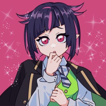 1boy absurdres animated animated_gif black_hair black_jacket bow bowtie chinese_commentary collared_shirt commentary_request diagonal-striped_bow diagonal-striped_bowtie diagonal-striped_clothes diagonal_bangs green_vest grey_bow grey_bowtie hair_flaps hand_up highres jacket jacket_on_shoulders lilia_vanrouge looking_at_viewer male_focus multicolored_hair open_mouth pink_hair pointy_ears red_eyes riko_shinkai shirt short_hair sparkle_background striped_bow striped_bowtie striped_clothes twisted_wonderland two-sided_fabric two-sided_jacket two-tone_hair upper_body vest white_shirt