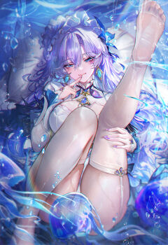 1girl adapted_costume bed blue_eyes blue_flower breasts bubble cantarella_(wuthering_waves) cleavage closed_mouth commentary dress earrings facial_mark feet finger_to_mouth fingernails flower hair_between_eyes hair_flower hair_ornament headdress highres index_finger_raised jellyfish jewelry knee_up large_breasts leg_up long_fingernails long_hair looking_at_viewer lying mark_under_eye mole mole_under_eye nail_polish no_shoes on_back on_bed panties pillow purple_hair purple_nails shrug_(clothing) smile soles solo thighhighs thighs toes turbulence underwater underwear white_dress white_panties white_shrug white_thighhighs wuthering_waves