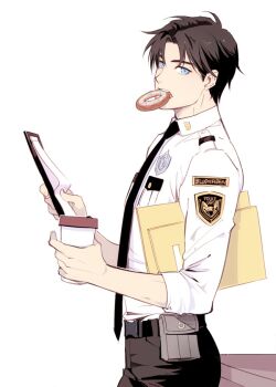 1boy belt black_hair black_necktie blue_eyes casatalie clipboard coffee cropped_legs cup dc_comics dick_grayson donut envelope food holding holding_cup leaning looking_at_viewer male_focus mouth_hold necktie police police_badge police_uniform policeman simple_background solo white_background