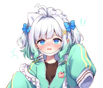 Rule 34 | !, !!, 1girl, @ @, ^^^, ahoge, black shirt, blue bow, blue eyes, bow, commentary, english commentary, gradient hair, green hair, hair bow, hair intakes, indie virtual youtuber, jacket, looking at viewer, maid headdress, mint fantome, mint fantome (minto 2.0), moorina, multicolored hair, partially unzipped, shirt, short hair, sleeves past wrists, solo, t-shirt, track jacket, two-tone hair, upper body, very long sleeves, virtual youtuber, white background, white hair, zipper, zipper pull tab