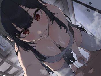 1boy 1girl all_fours arm_support black_hair blush breasts censored center-flap_bangs closed_mouth commentary_request covered_erect_nipples cum cum_on_self dlsite.com double-parted_bangs downblouse extended_downblouse eyelashes feet fisheye foreshortening handjob hanging_breasts hetero highres indoors kneeling large_breasts long_hair messy_hair mosaic_censoring no_bra grabbing_another's_penis pointy_breasts pov pov_crotch pov_legs reaching reaching_towards_viewer red_eyes seductive_smile shouji sidelocks sliding_doors smile solo_focus steaming_body tank_top thighhighs tomochi_(tmc_tmc8) very_long_hair white_tank_top white_thighhighs