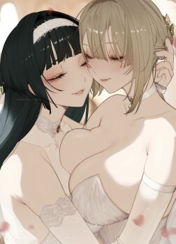 2girls astra_yao asymmetrical_docking bare_shoulders black_hair blurry blurry_foreground breast_press breasts choker cleavage closed_mouth commentary dress elbow_gloves english_commentary evelyn_chevalier gloves hairband large_breasts multiple_girls ohkurrva parted_lips smile snowing wedding wedding_dress white_choker white_gloves white_hairband yuri zenless_zone_zero