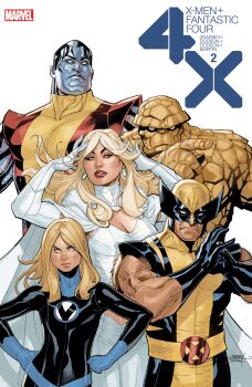 2girls 3boys absurdres arm_hair ben_grimm black_gloves black_hair blonde_hair blue_bodysuit blue_eyes blue_gloves bodysuit breasts cape cleavage colossus_(x-men) comic_cover copyright_logo copyright_name cover cover_page cowl earrings elbow_gloves emma_frost english_text facial_hair fantastic_four frown gloves hands_on_own_hips highres jewelry logo long_hair makeup marvel mature_male metal_skin multiple_boys multiple_girls muscular muscular_male official_art pants parted_lips red_lips rock_skin superhero_costume terry_dodson valeria_richards western_comics_(style) white_background white_cape white_gloves white_pants wolverine_(x-men) x-men