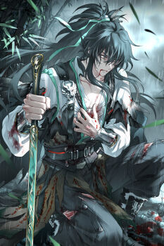 1boy absurdres arm_armor black_hair black_pants blindfold blood bright_pupils chinese_clothes closed_mouth clutching_chest devil_heavens green_ribbon grey_eyes hair_between_eyes hair_ribbon highres holding holding_sword holding_weapon long_hair male_focus pants ponytail qiuyuan_(wuthering_waves) ribbon shirt solo sword weapon white_pupils white_shirt wuthering_waves