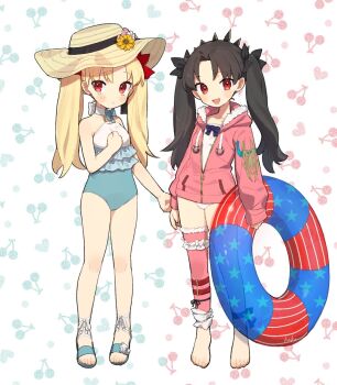 2girls :d ankle_ribbon barefoot black_hair black_tiara blonde_hair blush cherry cherry_background commentary deformed drawstring ereshkigal_(fate) fate/grand_order fate_(series) flower food frilled_one-piece_swimsuit frills fruit fruit_background full_body fur-trimmed_legwear fur_trim halterneck hand_on_own_chest hat hat_flower highres holding holding_swim_ring hood hood_down hooded_jacket innertube ishtar_(fate) ishtar_(swimsuit_rider)_(fate) jacket kabutomushi_s leg_ribbon leggings long_hair long_sleeves looking_at_viewer multiple_girls one-piece_swimsuit open_mouth parted_bangs pink_jacket pink_leggings red_eyes ribbon sandals signature single_detached_legging smile ereshkigal_(swimsuit_beast)_(fate) standing strapless strapless_one-piece_swimsuit sun_hat swim_ring swimsuit symbol-only_commentary tiara twintails two-tone_one-piece_swimsuit white_fur white_one-piece_swimsuit
