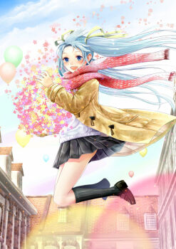 1girl balloon blue_hair building coat commentary_request day duffel_coat flower from_side full_body hair_ribbon hatsune_miku jumping kouzuki_yui loafers long_hair long_sleeves looking_at_viewer open_clothes open_coat open_mouth outdoors pleated_skirt ribbon scarf shoes skirt sky smile socks solo twintails very_long_hair vocaloid