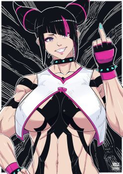 1girl artist_name black_background black_hair breasts collar fingerless_gloves gloves hair_horns han_juri hand_on_own_hip huge_breasts lips middle_finger mule_express muscular muscular_female navel one_eye_covered purple_eyes shirt smile spiked_collar spiked_necklace spikes street_fighter street_fighter_6 teeth underboob