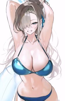 1girl absurdres alternate_costume alternate_hairstyle armpits arms_up asuna_(blue_archive) bikini blue_archive blue_bikini blue_halo blue_ribbon blush breasts brown_hair cleavage collarbone commentary_request hair_intakes hair_over_one_eye halo haze_(7h4ze) highres large_breasts long_hair looking_at_viewer navel presenting_armpit revision ribbon simple_background smile solo stomach swimsuit transparent_innertube upper_body very_long_hair wet white_background