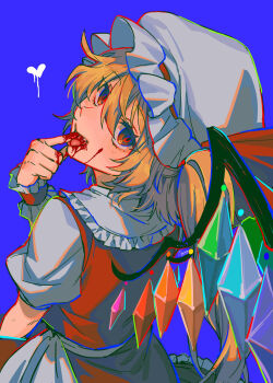 Rule 34 | 1girl, blonde hair, blood, blood on hands, blue background, commentary request, crystal, crystal wings, fang, finger in own mouth, flandre scarlet, frilled skirt, frills, from behind, hat, heart, highres, licking, licking finger, long hair, looking at viewer, looking back, mob cap, multicolored wings, noriuma, one side up, puffy short sleeves, puffy sleeves, red eyes, red skirt, red vest, shirt, short sleeves, simple background, skirt, skirt set, solo, tongue, tongue out, touhou, upper body, vampire, vest, white hat, white shirt, wings, wrist cuffs