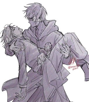 2boys bandages blood bruise cale_henituse carrying choi_han closed_eyes coat commentary_request dated highres hood hood_down injury jacket jewelry long_sleeves looking_at_another lout_of_count&#039;s_family male_focus mask monochrome mouth_mask multiple_boys osewa6363 pants princess_carry ring scar short_hair simple_background twitter_username unconscious white_background