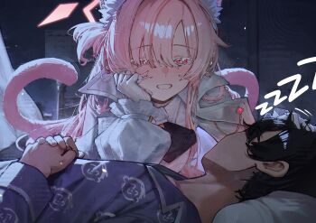 1boy 1girl absurdres akira_(blue_archive) animal_ear_fluff animal_ears betabeet blue_archive blue_archive_the_animation blue_pajamas blue_shirt blush cat_ears cat_girl cat_tail colored_eyelashes doodle_sensei_(blue_archive) dreaming frilled_sleeves frills gloves halo highres long_sleeves looking_at_another pajamas puffy_long_sleeves puffy_sleeves red_eyes sensei_(blue_archive) sensei_(blue_archive_the_animation) shirt sleeping smile sweat tail white_gloves white_hair white_shirt zzz