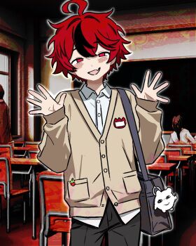 1boy :d ahoge alternate_costume alternate_universe aotsuki_eito bag black_bag black_pants black_streaks brown_jacket character_charm charm_(object) commentary cowboy_shot english_commentary fang hands_up highres indoors jacket looking_at_viewer male_focus multicolored_hair no_pupils official_alternate_eye_color open_mouth outer_glow pants pocket red_eyes red_hair school school_bag shirt short_hair shoulder_bag skin_fang smile solo_focus spread_fingers streaked_hair sumino_takumi the_hundred_line_-last_defense_academy- tripledoki white_shirt