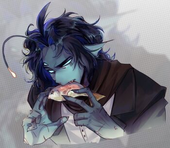 1boy anglerfish_boy animal antennae biting black_coat black_hair brown_scarf coat eating empty_eyes extra_eyes fins fish half-closed_eye hand_up head_down head_fins highres holding holding_animal holding_fish implied_cannibalism male_focus portrait pressure_(roblox) scarf sebastian_solace sharp_teeth shirt short_hair solo teeth trout txtrix white_shirt