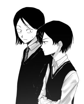 1boy 1girl :| closed_mouth collared_shirt commentary cousins from_side futsuu_no_keion-bu greyscale height_difference high_contrast highres kouyama_rin looking_at_another monochrome necktie parted_bangs pixie_cut profile runrun_(kvtrz) school_uniform shirt short_hair small_pupils small_sweatdrop sweater sweater_vest taguchi_ryuuya upper_body