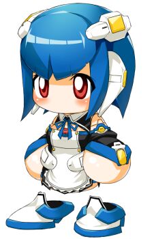 Rule 34 | 1girl, android, blue hair, chibi, female focus, hair ornament, maid, red eyes, ribbon, simple background, solo, white background