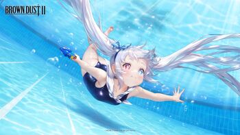 1girl absurdres artist_request ass bare_legs barefoot black_one-piece_swimsuit blue_bow blue_eyes bow breasts brown_dust_(series) brown_dust_2 bubble closed_mouth collarbone copyright_name copyright_notice hair_bow heterochromia highres holding holding_water_gun long_hair neckerchief official_art one-piece_swimsuit pink_eyes pool refithea_(brown_dust) sailor_collar second-party_source shadow solo sparkling_eyes swimsuit twintails underwater water_gun white_neckerchief white_sailor_collar