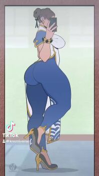 1girl animated ass breasts capcom cellphone chun-li dress flexing flexing_ass high_heels highres krezniverse leg_up mirror_selfie pants phone selfie smartphone street_fighter street_fighter_6 tagme video yoga_pants