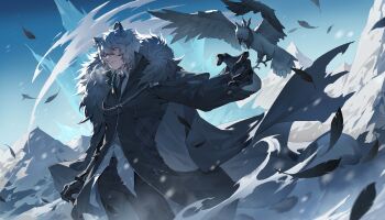 1boy absurdres animal_ear_fluff arknights bird black_cape black_gloves black_necktie black_pants blue_background cape chain cowboy_shot feathers fur-trimmed_cape fur_trim gloves grey_eyes grey_hair hair_between_eyes highres liangjiu373 long_sleeves looking_ahead looking_to_the_side male_focus mountain necktie outdoors pants shirt silverash_(arknights) snow_leopard_boy snow_leopard_ears snow_leopard_tail solo standing white_shirt wind