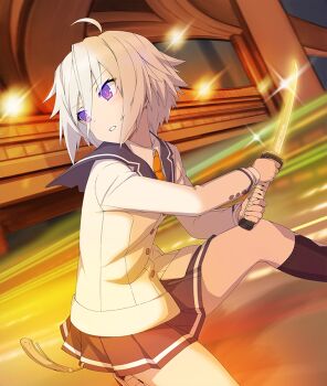 1girl ahoge black_socks blazer blue_sailor_collar blue_skirt bridge buttons dutch_angle game_cg grey_hair hair_between_eyes holding holding_sword holding_weapon itomi_sayaka jacket katana kneehighs looking_to_the_side necktie night official_art on_one_knee outdoors parted_lips purple_eyes renpu_girls_school_uniform sailor_collar school_uniform shirt short_hair skirt socks solo sword tassel teeth third-party_source toji_no_miko toji_no_miko:_kizamishi_issen_no_tomoshibi two-handed weapon white_jacket white_shirt yellow_necktie