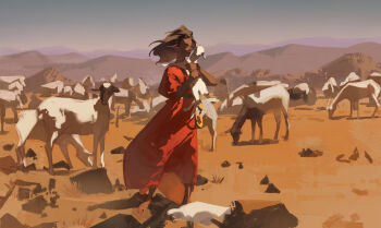 1girl animal barefoot character_request copyright_request dark-skinned_female dark_skin dress grazing_(livestock) highres holding holding_animal mountainous_horizon red_dress sheep solo toaot wind