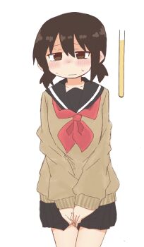 Rule 34 | 1girl, between legs, black sailor collar, black skirt, blush, brown eyes, brown hair, brown sweater, closed mouth, cowboy shot, embarrassed, female focus, flat chest, half-closed eyes, hand between legs, have to pee, long sleeves, looking at viewer, miniskirt, neckerchief, nose blush, original, own hands together, pleated skirt, ponnu (tnpn2yw), raised eyebrows, red neckerchief, sailor collar, school uniform, serafuku, short hair, sidelocks, simple background, skirt, solo, standing, sweater, twintails, urine meter, v arms, wavy mouth, white background