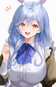 1girl absurdres alternate_costume animal_ears black_shirt blue_bow blue_bowtie blue_hair blush bow bowtie breasts fingernails hair_between_eyes hashtag-only_commentary highres hololive juliet_sleeves large_breasts light_blue_hair long_sleeves looking_at_viewer mature_female multicolored_hair open_mouth orange_eyes pekomama puffy_sleeves rabbit_ears rabbit_girl ryu_o shirt simple_background solo streaked_hair thick_eyebrows tongue upper_body virtual_youtuber white_background white_hair white_shirt