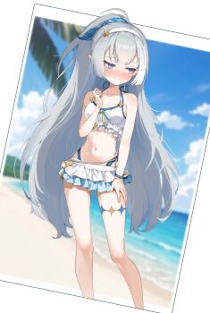 1girl absurdres agm ahoge bare_shoulders beach bikini bikini_skirt blue_eyes blush bracelet breasts closed_mouth commentary_request embarrassed fang feet_out_of_frame female_tyrant_(stella_sora) female_tyrant_(swimsuit)_(stella_sora) frilled_bikini frills gluteal_fold grey_hair hairband hand_on_own_thigh hand_up highleg highleg_bikini highres jewelry key long_hair looking_to_the_side multiple_bracelets navel official_alternate_costume palm_tree pointy_ears ponytail shore sideways_glance skin_fang small_breasts solo standing stella_sora swimsuit tree tyrant_(stella_sora) very_long_hair white_bikini white_hairband