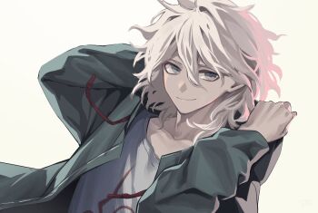 1boy amatsuji arms_behind_head blonde_hair closed_mouth collarbone commentary danganronpa_(series) danganronpa_2:_goodbye_despair dutch_angle eyebrows_hidden_by_hair eyelashes grey_eyes grey_jacket hair_between_eyes highres hood hood_down hooded_jacket jacket komaeda_nagito long_sleeves looking_at_viewer male_focus medium_hair open_clothes open_jacket shirt simple_background smile solo spiked_hair tsurime upper_body white_background white_shirt