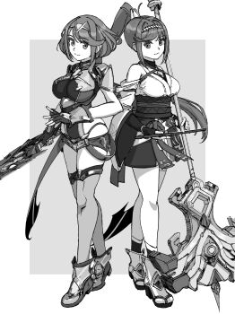 2girls aegis_sword_(xenoblade) bob_cut border breasts chin_bell closed_mouth commentary_request core_crystal_(xenoblade) glimmer_(xenoblade) grey_background greyscale hair_intakes high_ponytail highres holding holding_sword holding_weapon japanese_clothes kimono large_breasts long_hair looking_at_viewer monochrome mother_and_daughter multiple_girls okobo outside_border platform_sandals ponytail pyra_(xenoblade) sandals sidelocks smile standing sword tabi tiara weapon white_border xenoblade_chronicles_(series) xenoblade_chronicles_2 xenoblade_chronicles_3