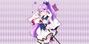 Rule 34 | 1girl, argyle background, ashley (lapis re:lights), black bow, blue corset, blue sailor collar, bow, breasts, closed mouth, corset, cowboy shot, dress, game cg, gloves, green eyes, hair bow, high ponytail, highres, holding, holding sheath, lapis re:lights, long hair, looking at viewer, medium breasts, official art, ponytail, purple background, purple hair, saber (weapon), sailor collar, scabbard, school uniform, sheath, short sleeves, sidelocks, smile, solo, sparkle background, sword, tassel, thighhighs, third-party source, very long hair, weapon, white dress, white gloves, white thighhighs, zettai ryouiki