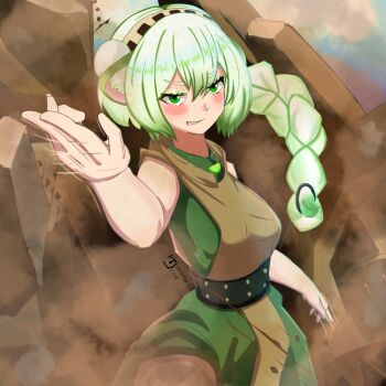 1girl animal_ears braid braided_ponytail cosplay dress ferret_girl food fruit green_dress green_eyes green_hair hair_between_eyes hairband highres indie_virtual_youtuber jewelry lime_(fruit) lime_slice limealicious looking_at_viewer necklace rock toph_beifong toph_beifong_(cosplay) uncertain_core vinesauce virtual_youtuber